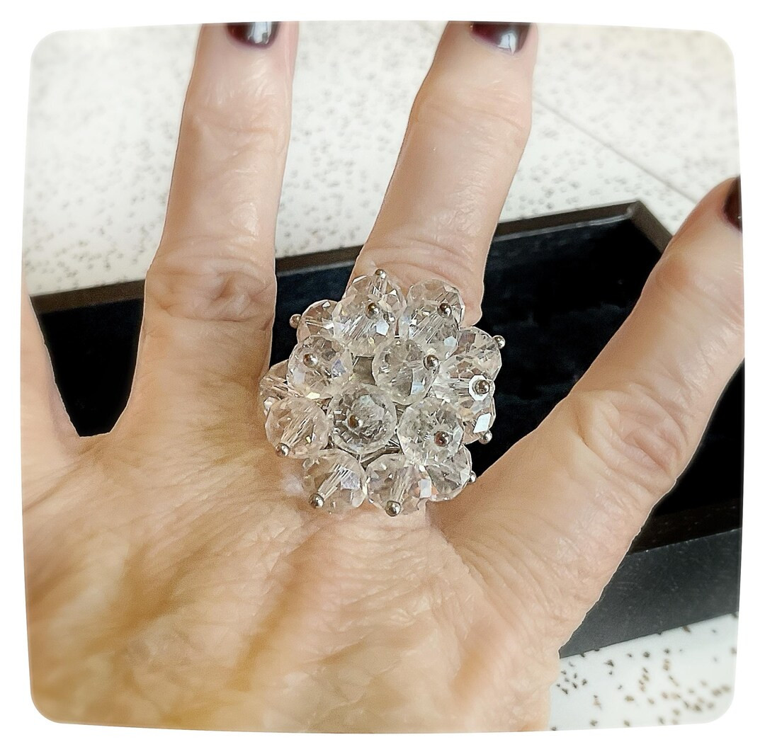 Sparkling 60s Aurora Borealis Clear Crystal Bead Cluster Ring, Vintage Retro Pin up Gal Statement... | Etsy (US)