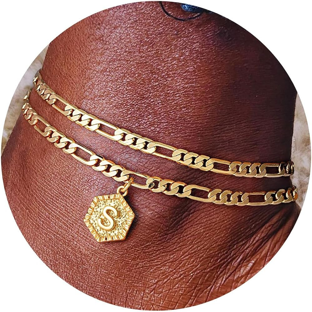 Memorjew Initial Ankle Bracelets for Women, 14K Gold Plated Double Layered Initial Anklets Jewelr... | Amazon (US)