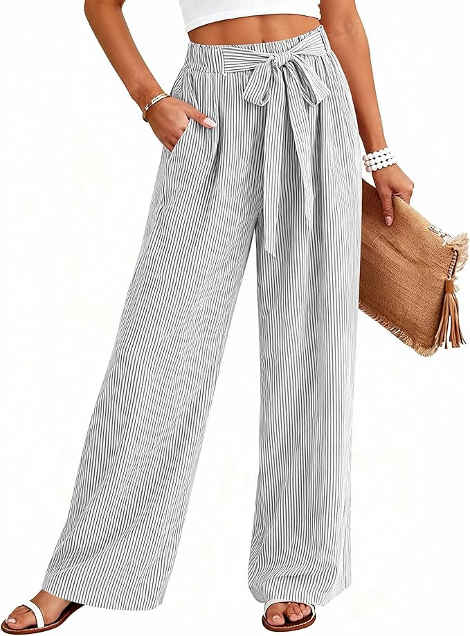 BTFBM Pants for Women 2026 Spring Clothes Striped High Waist Tie Knot Dressy Casual Wide Leg Pala... | Amazon (US)