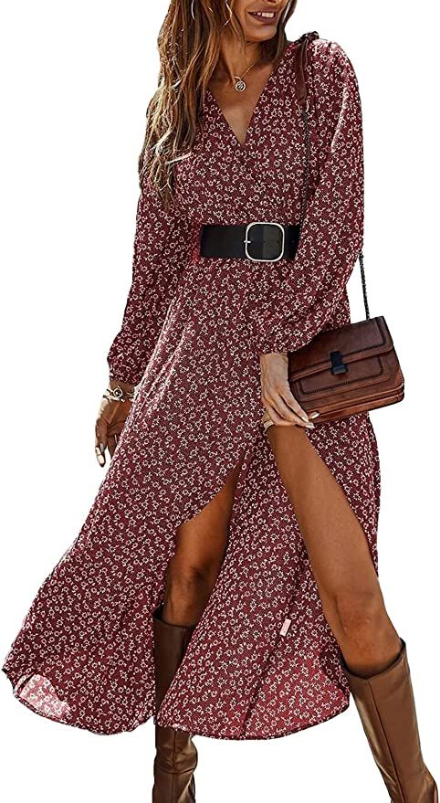 PRETTYGARDEN Women’s Long Sleeve Bohemian Dress V-Neck Floral Print High Split Tie Wrap Midi Fl... | Amazon (US)