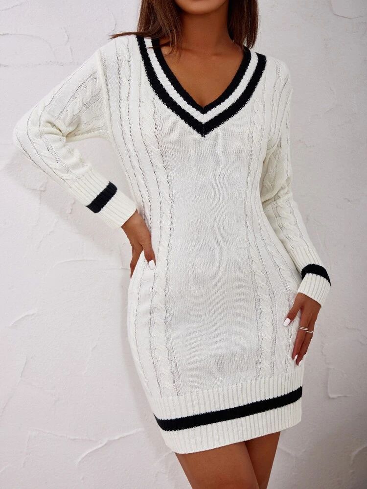 Striped Pattern Cable Knit Sweater Dress | SHEIN