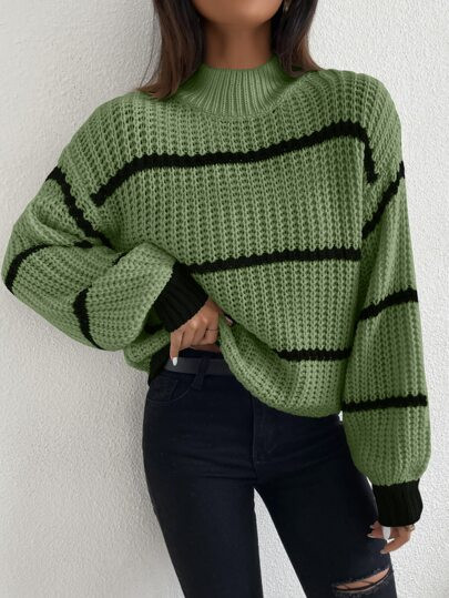 Striped Mock Neck Drop Shoulder Sweater | SHEIN