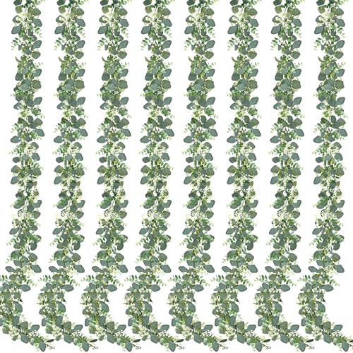 Sggvecsy 8 Pack Artificial Eucalyptus Garland Eucalyptus Leaves Vines Greenery Garland Faux Silver Dollar Eucalyptus Leaves for Table Party Wedding Indoor Outdoor Home Mantle Wall Decor | Amazon (US)