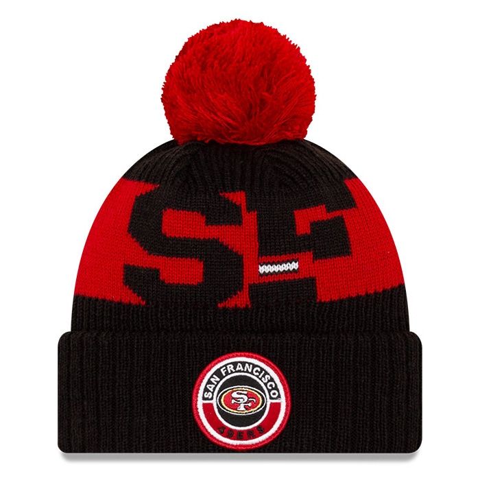 San Francisco 49ers New Era 2020 NFL Sideline Official Sport Pom Cuffed Knit Hat - Black/Scarlet | Lids