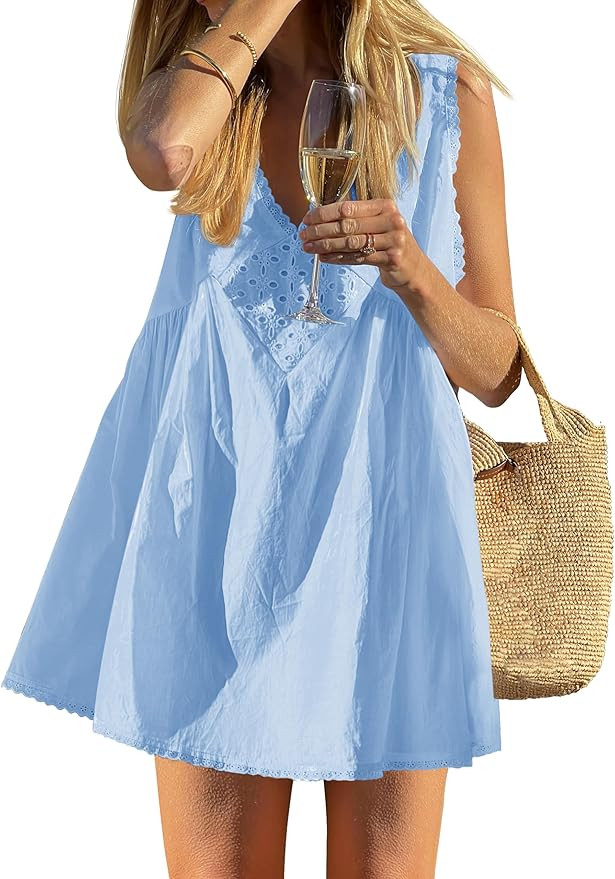 Wenrine Womens Summer Sleeveless Cotton Mini Dress Casual Loose Lace V Neck A Line Flowy Babydoll... | Amazon (US)