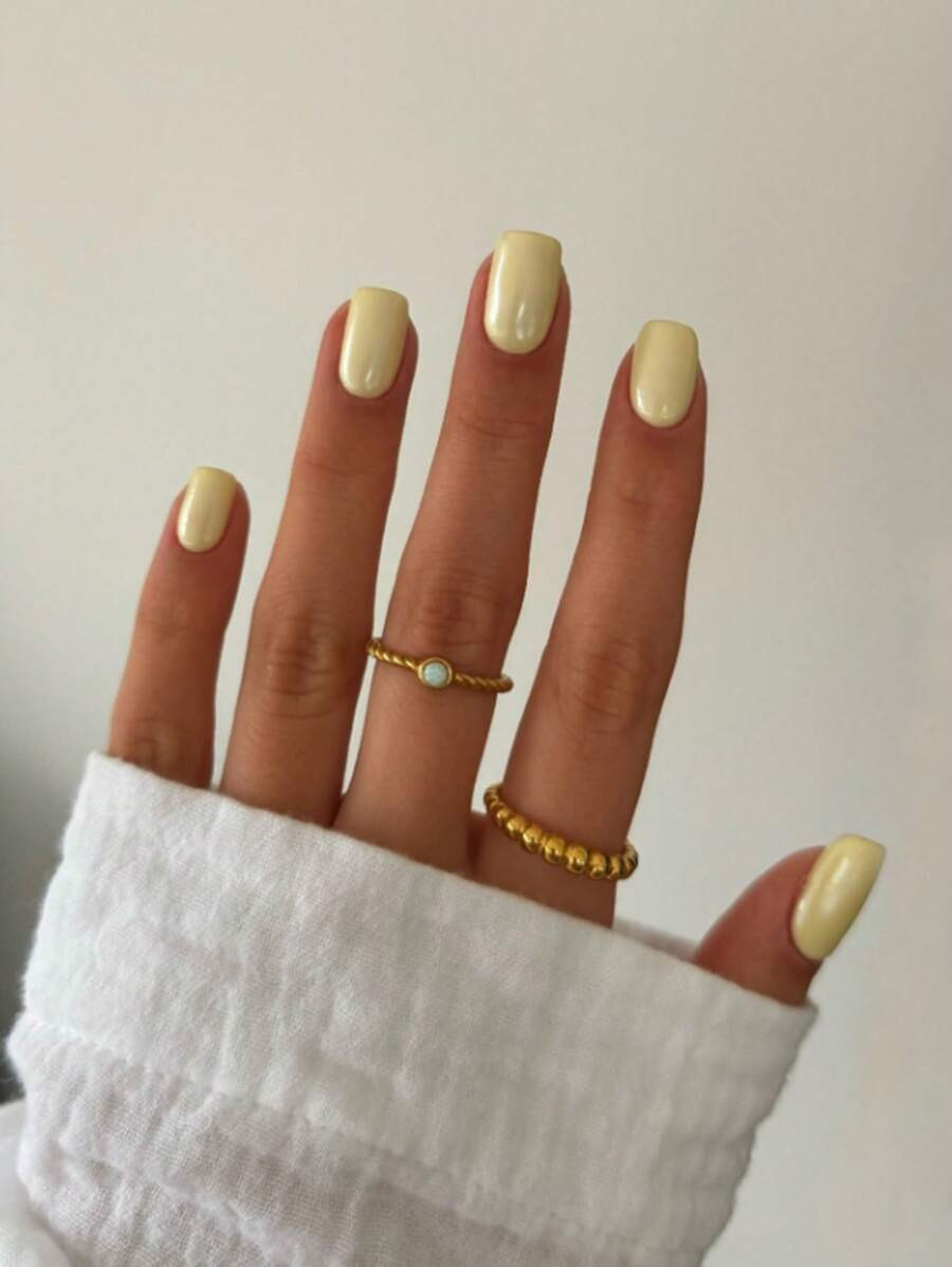 24Pcs Yellow Square Short Press-On Nails French Style Acrylic Nail Tips For Full Coverage Party, ... | SHEIN