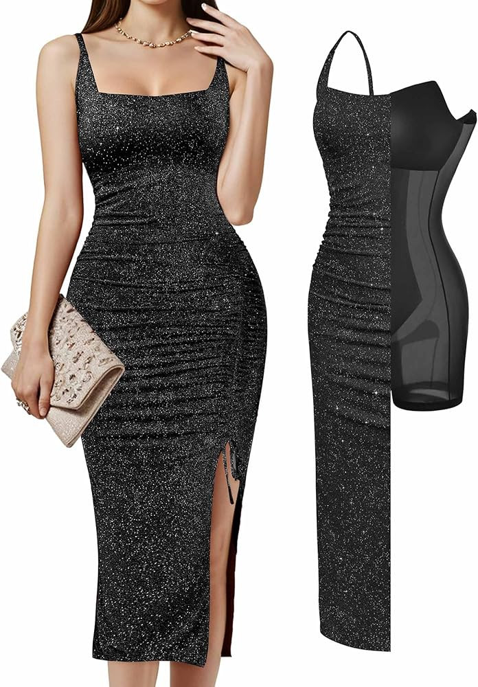 Popilush Shapewear Midi Dress Women's Sparkly Formal Wedding Guest Cocktail Dresses Fall Square N... | Amazon (US)
