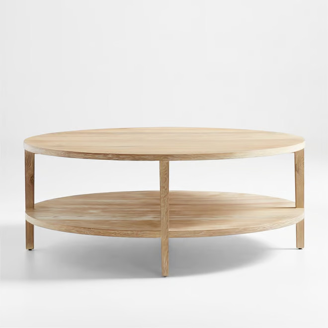 Clairemont Natural Oak Wood 48" Round Coffee Table with Shelf + Reviews | Crate & Barrel | Crate & Barrel