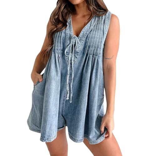 TRURENDI Womens Denim Romper Dress V Neck Denim Romper Overall Shorts Summer Sleeveless Loose Jean Jumpsuit (Sky Blue, L) | Amazon (US)