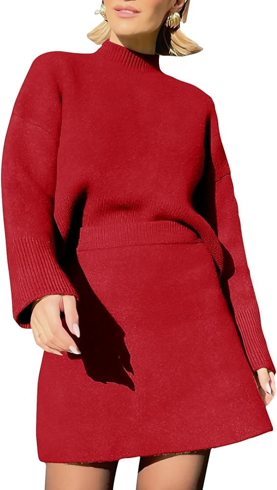 EXLURA Womens 2 Piece Outfits Casual Sweater Dress Sets Long Sleeve Mock Neck Ribbed Knit Tops Bo... | Amazon (US)