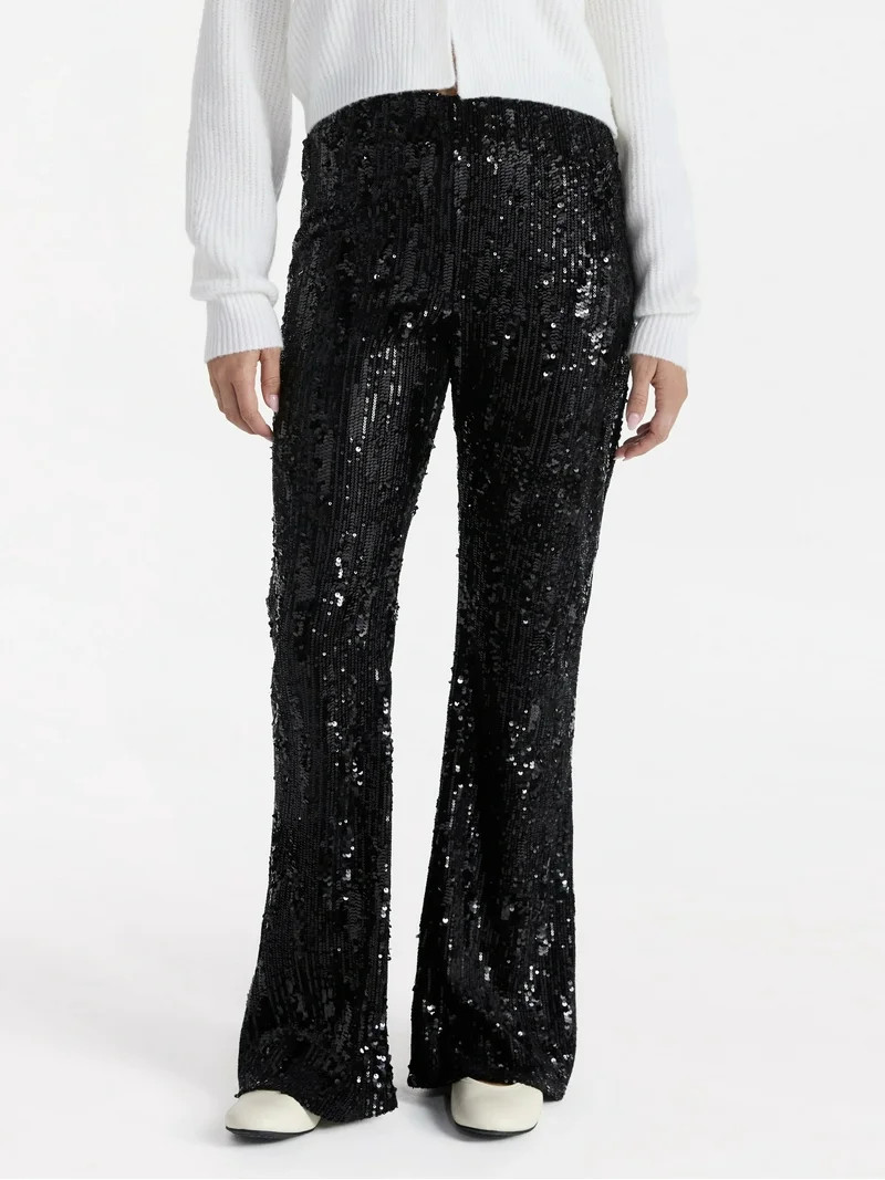 No Boundaries Sequin Flare Pants, Women's and Women's Plus | Walmart (US)