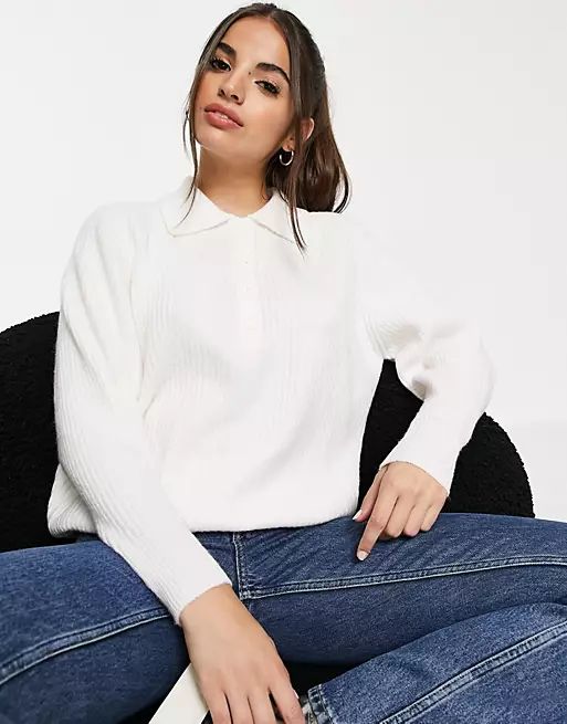 ASOS DESIGN sweater with polo neck in rib in cream | ASOS (Global)