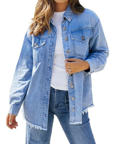 LookbookStore Womens Jean Jackets Lightweight Winter Jackets for Women Frayed Hem Button Down Shirt Jacket Wave blue Size Small Size 4 6 | Amazon (US)