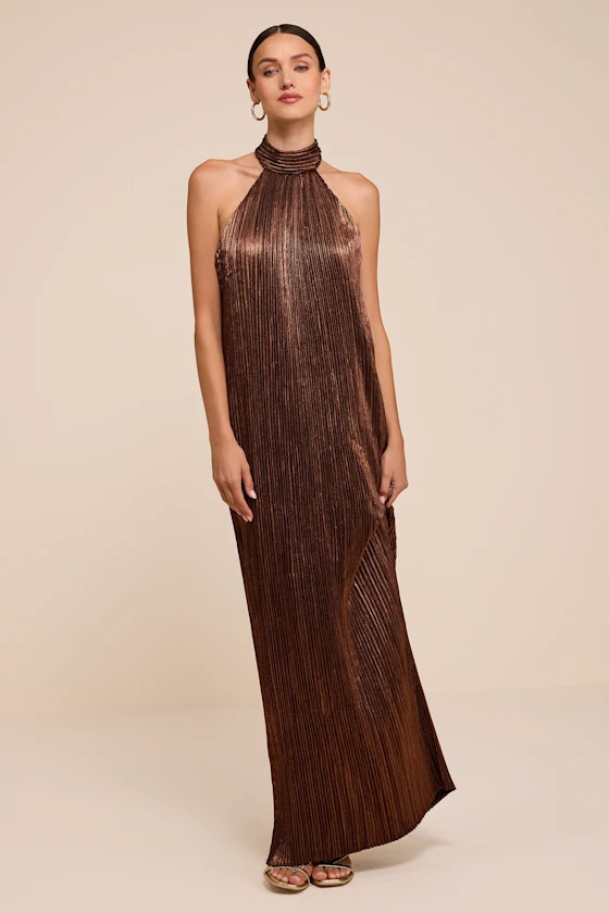 Marta Bronze Metallic Pleated Backless Maxi Dress | Lulus