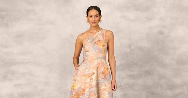 One Shoulder Printed Metallic Burnout Organza Long Ball Gown In Gold Multi | Adrianna Papell