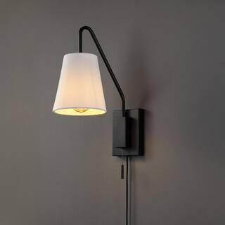 Globe Electric 6.5 in. 1-Light Matte Black Swing Arm Plug-In or Hardwire Wall Sconce with White F... | The Home Depot
