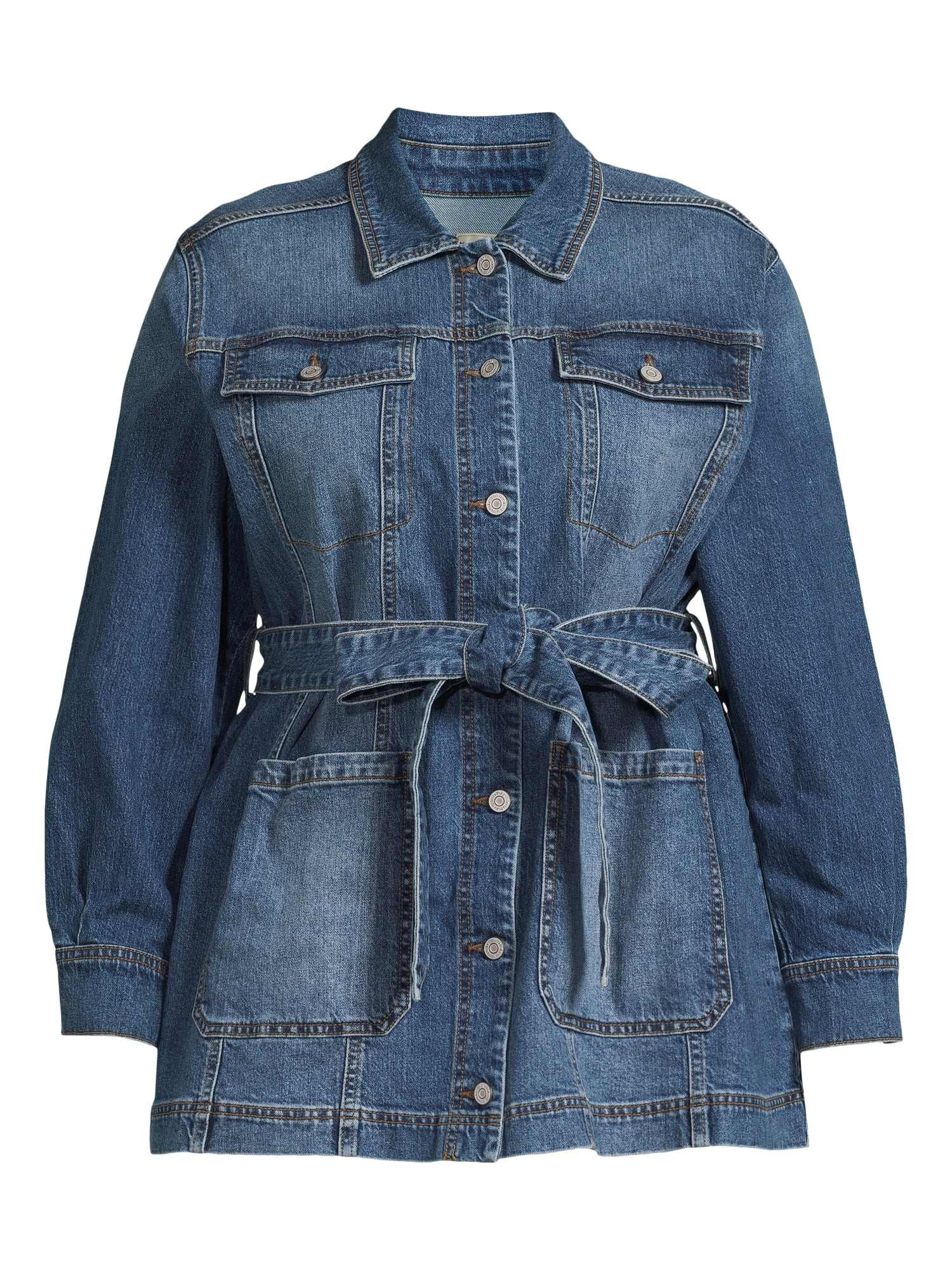 Terra & Sky Women's Plus Size Denim Button-Down Shacket with Belt, Sizes 0X-4X | Walmart (US)