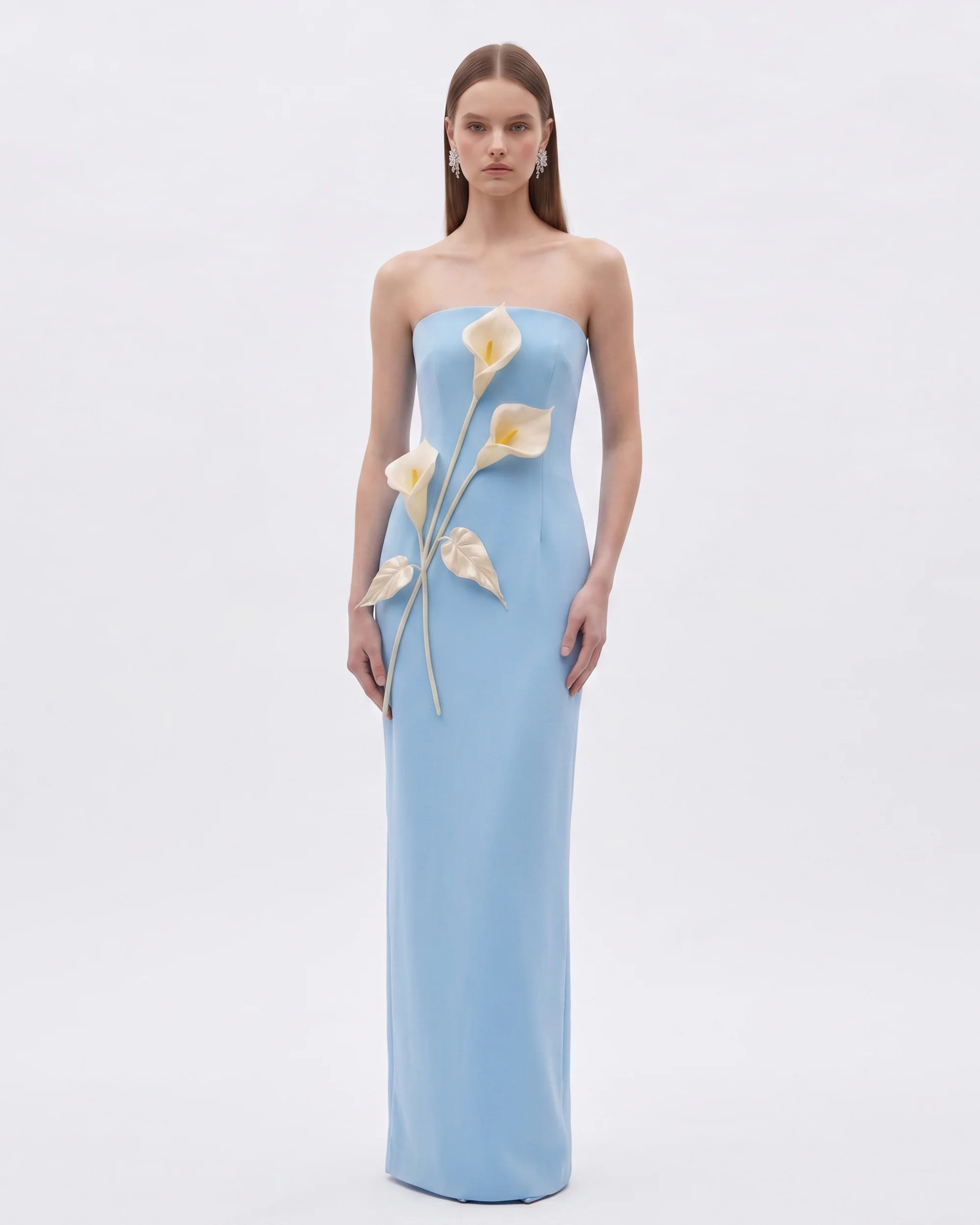 Floral Appliqué Strapless Dress - Light Blue | JW PEI US