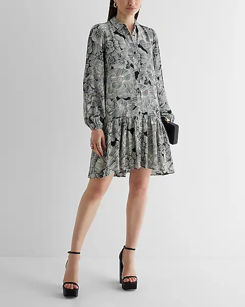 Floral Ruffle Hem Oversized Shirt Dress | Express