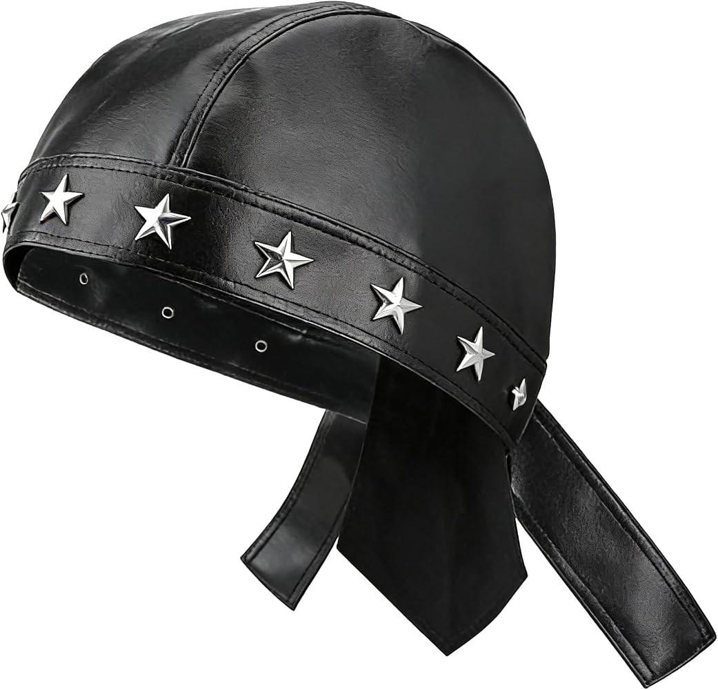 Biker Hats for Men Women Cycling Bandana Doo Rags Faux leather skull Cap Black Adjustable | Amazon (US)