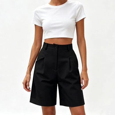 Women High Waist Pleated Bermuda Shorts, Button Zipper Front Cuffed Hem Wide Leg Breathable Casual Five Point Knee Length Bottoms Black L | Target