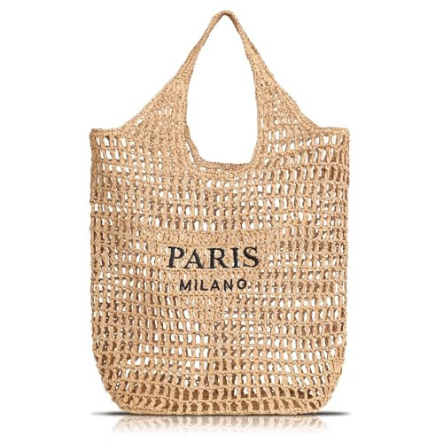 Pleneal Straw Beach Bags for Women - Women Beach Handmade Woven Tote Bag, Summer Mesh Hollow Shoulder Bag for Holiday | Amazon (US)