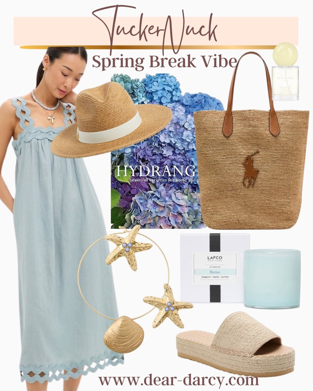 Tuckernuck Spring Break 

The cutest sundress 
Fits tts dress it up or wear it casual

Beach/ocean vibe jewelry 

Great raffia platform slide sandals  under $60

Ralph Lauren straw tote with feather logo and straps perfect for travel and pool/beach days.

A beautiful coffee table book on Hydrangeas 

One of my favorite candle brands a splurge but burns clean, fragrant for the whole house 

The perfect straw sun hat


#LTKgrwm #LTKTravel