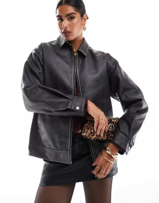Miss Selfridge washed faux leather oversized bomber jacket in black | ASOS (Global)