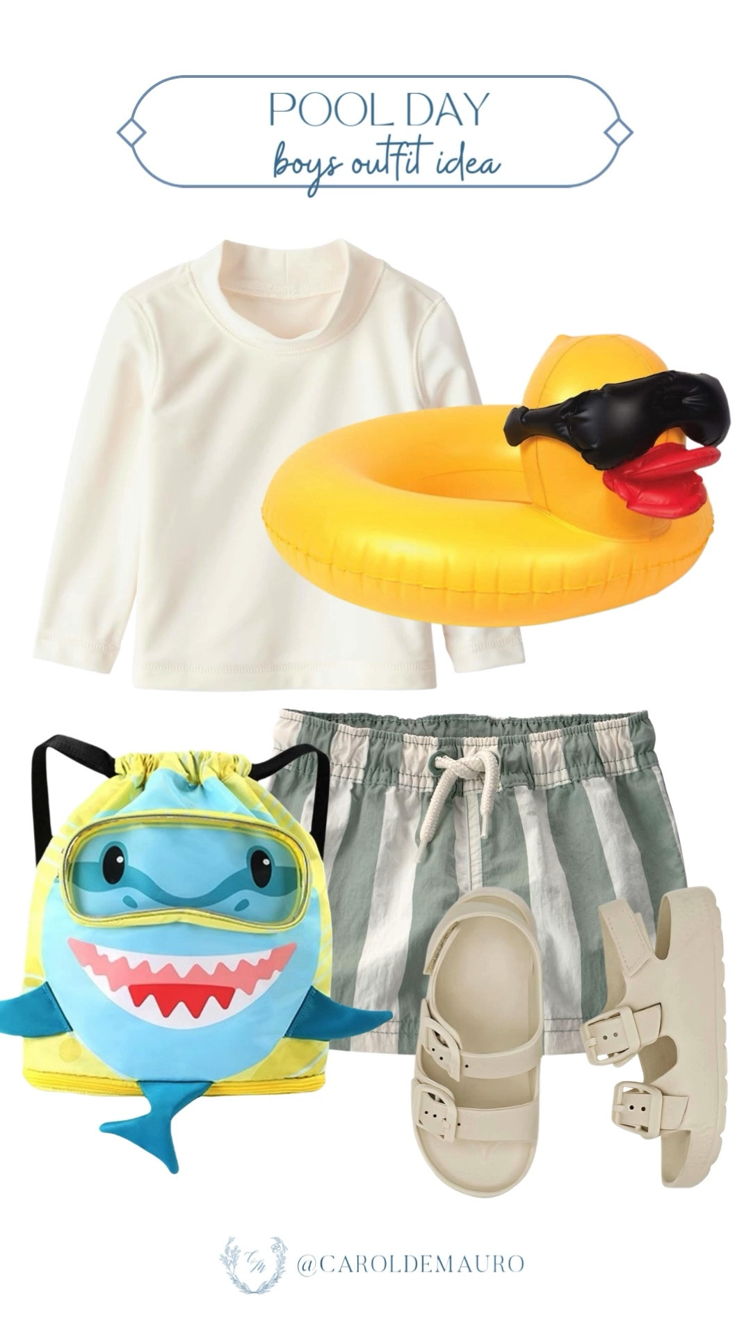 Keep your little guy protected and cute in a classic white long-sleeve rash guard, sage green striped swim trunks, matching waterproof slide sandals, a shark drawstring swim bag, and a fun yellow ducky pool floatie!

amazon fashion, pool outfit, summer vibes, kids fashion, beach day essentials, outdoor life, water toys, swimwear

#LTKootd #LTKKids