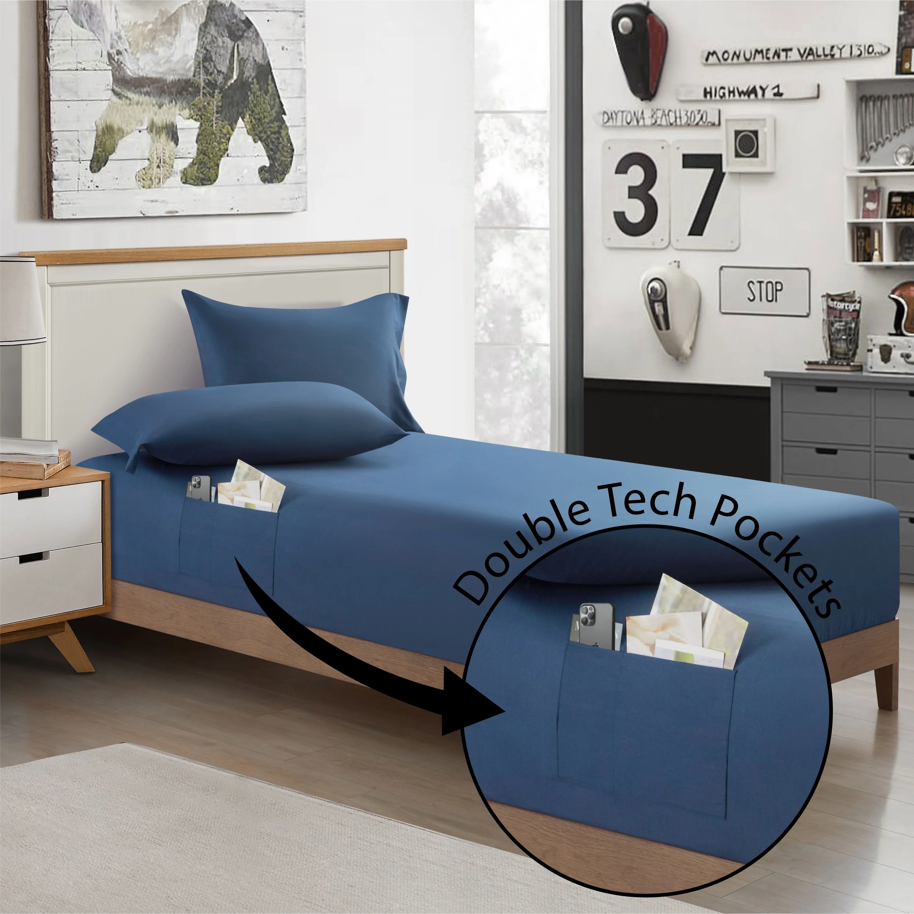 Urban Shop Double Sided Tech Pocket Fitted Sheet with Pillowcase, Twin/XL, Navy | Walmart (US)