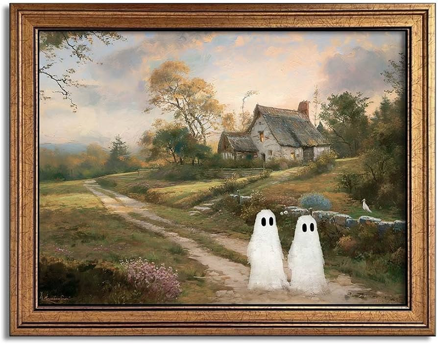 Wemandh Gold Framed Vintage Halloween Wall Art, Rustic Landscape Wall Decor, Cute Ghost Decor Wal... | Amazon (US)