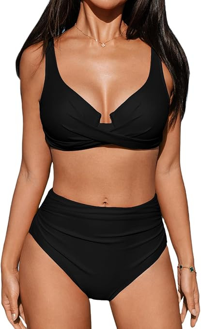 CUPSHE Women's Bikini Sets High Waisted Swimsuit Underwire Wrapped | V Neck, Hidden Underwire, Re... | Amazon (US)