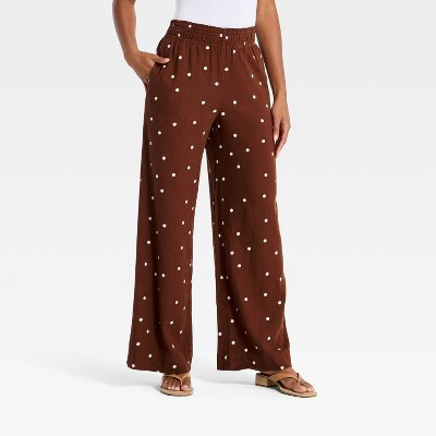 Women's High-Rise Linen Wide Leg Pull-On Pants - A New Day™ Brown Dot XL Short | Target