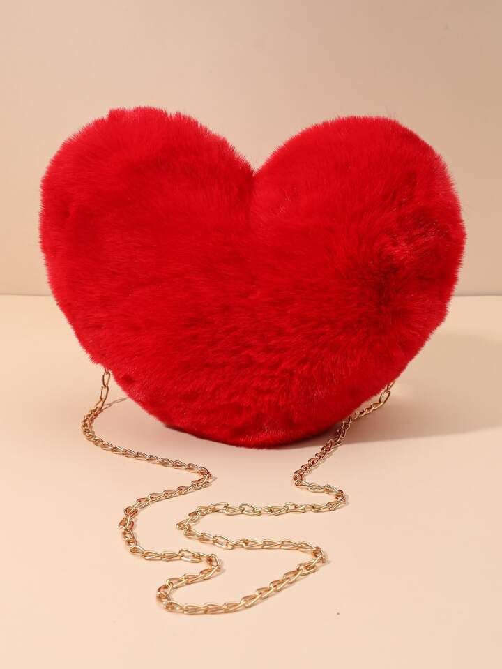 Valentines Day Special: Heart-Shaped Fluffy Shoulder Bag with Chain Crossbody & Cute Zipper Purse... | SHEIN
