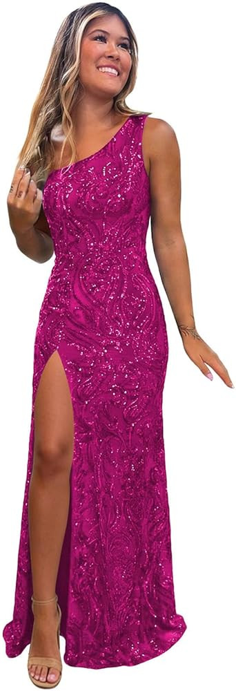 Sequin Prom Dresses One Shoulder Sparkly Evening Party Ball Gown with Slit | Amazon (US)