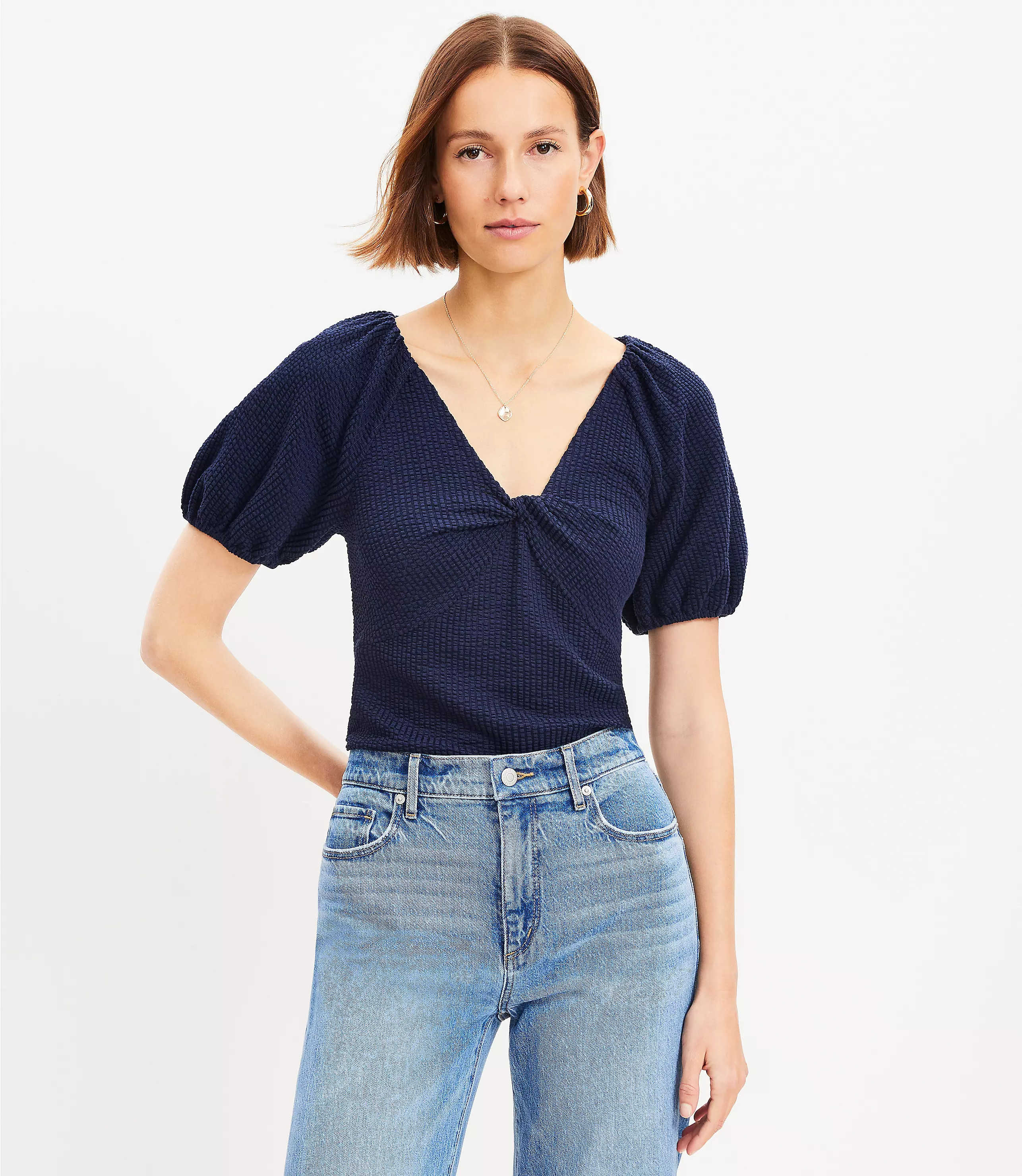 Seersucker Twist Puff Sleeve Top | LOFT