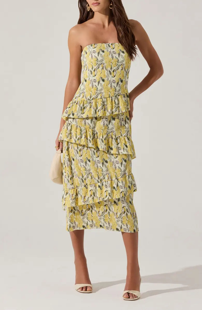 Plissé Asymmetric Tiered Ruffle Strapless Midi Dress | Nordstrom