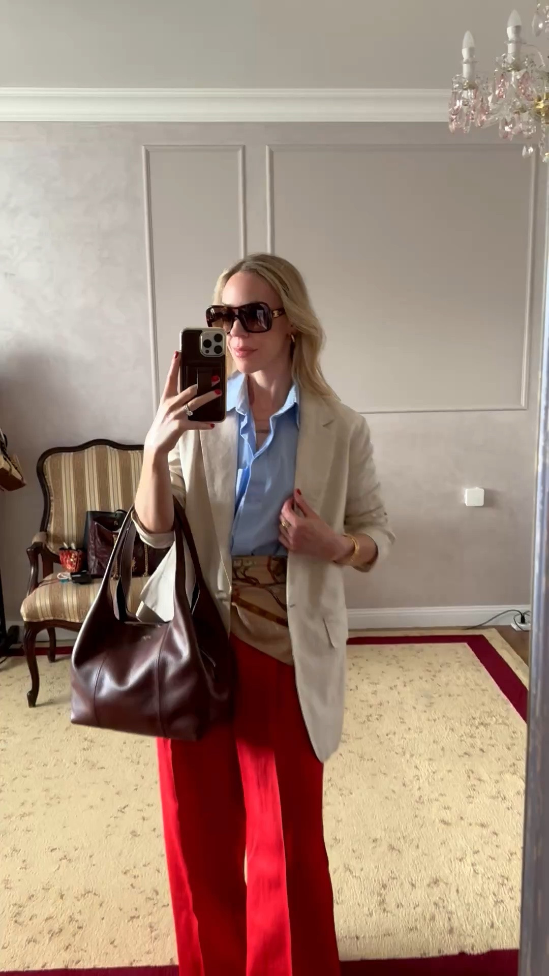 Summer workwear, business casual workwear, linen blazer, silk scarf tied at the waist, tomato red and sky blue, Le Tanneur handbag

#LTKWorkwear #LTKOver40 #LTKSeasonal