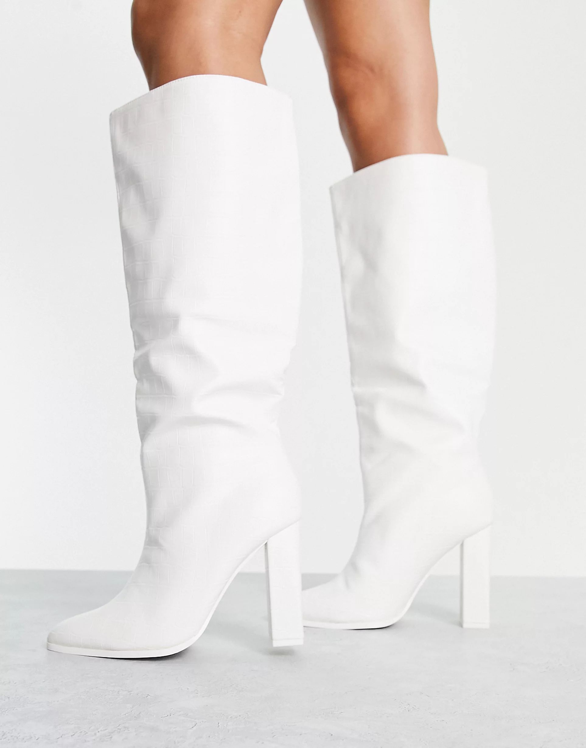 Public Desire Far Away knee-high boots in white croc | ASOS (Global)
