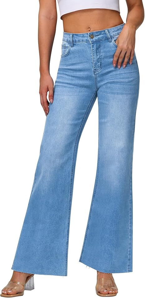 KDF Wide Leg Jeans for Woman Baggy Stretchy Loose Trendy Frayed Hem Denim Boyfriend Pants | Amazon (US)