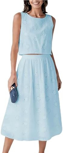 Wanzetaly Women's 2 Piece Skirt Set Hollow Out Eyelet Sleeveless Tank Top Maxi Skirt Boho Outfits... | Amazon (US)