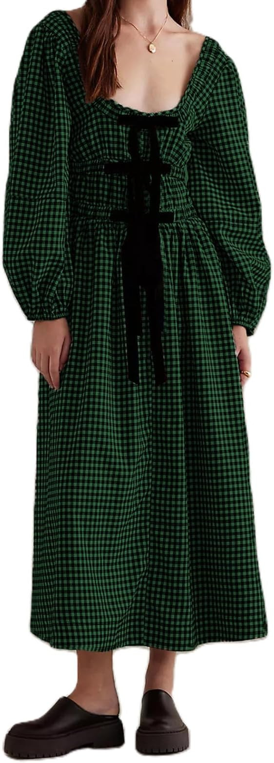 Women Plaid Maxi Dress Long Puff Sleeve Square Neck Flowy Boho Dress Bow Tie Smocked Fall Dresses | Amazon (US)