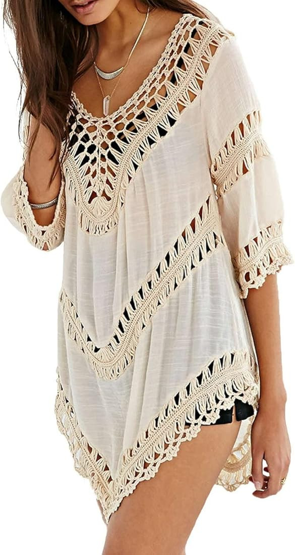 Vanbuy Women’s Boho V Neck Crochet Tunic Tops Blouse Shirt Hollow Out Beach Swimsuit Cover up | Amazon (US)