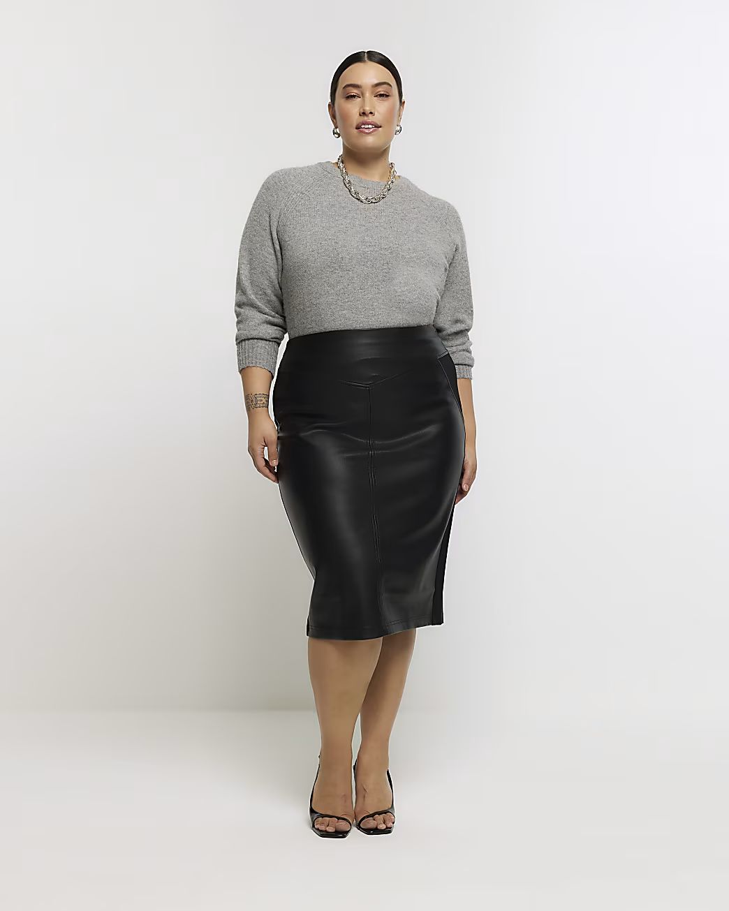 River Island Womens Plus Black Faux Leather Midi Skirt | River Island (US)