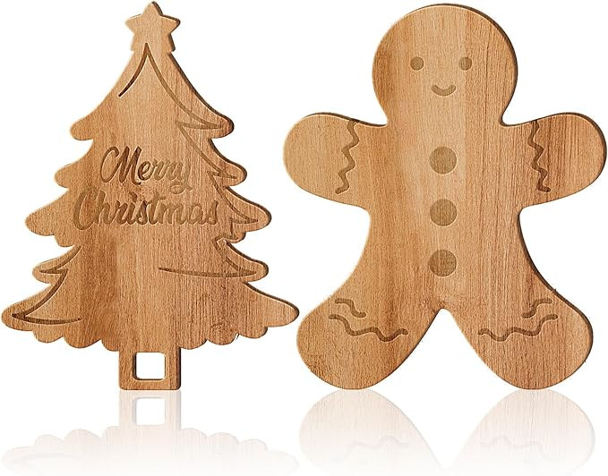 2PCS Merry Christmas Tree & Gingerbread Man Wooden Cutting Board with Handle - Xmas Charcuterie B... | Amazon (US)