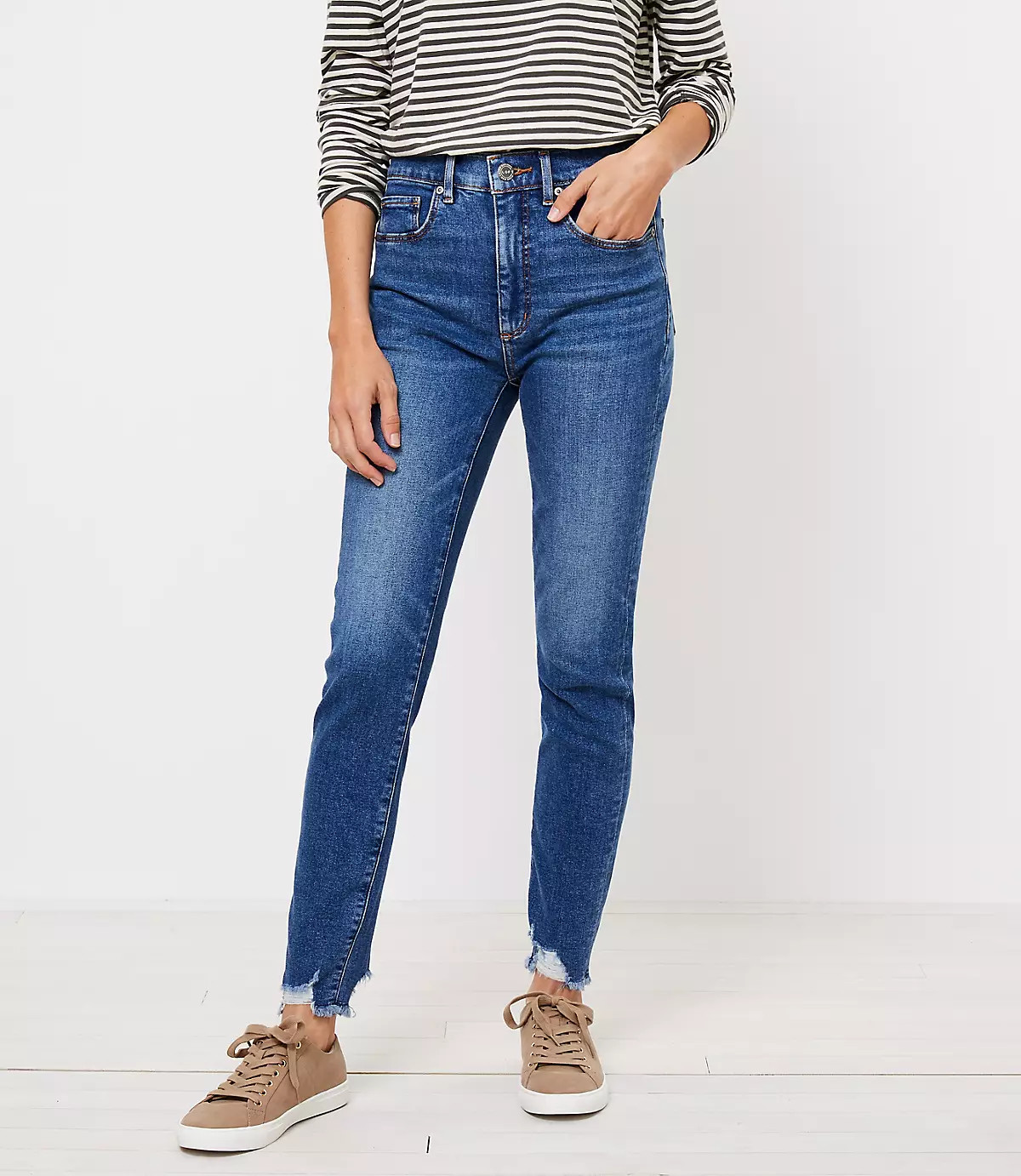 High Waist Chewed Hem Jeans in Authentic Vintage Mid Indigo Wash | LOFT