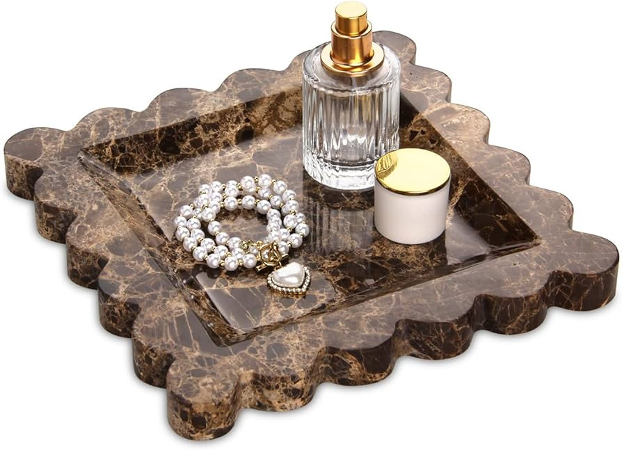 Square Marble Decorative Tray with Scalloped Edge,Luxury Natural Stone Bathroom Vanity Tray, Dres... | Amazon (US)