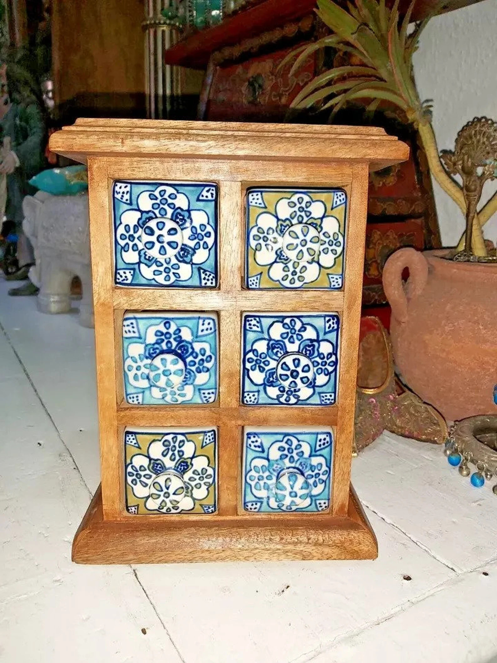 Handmade Indian 6 drawer Ceramic Mango Wood Spice/Storage Chest - Special Offer! | Etsy (US)