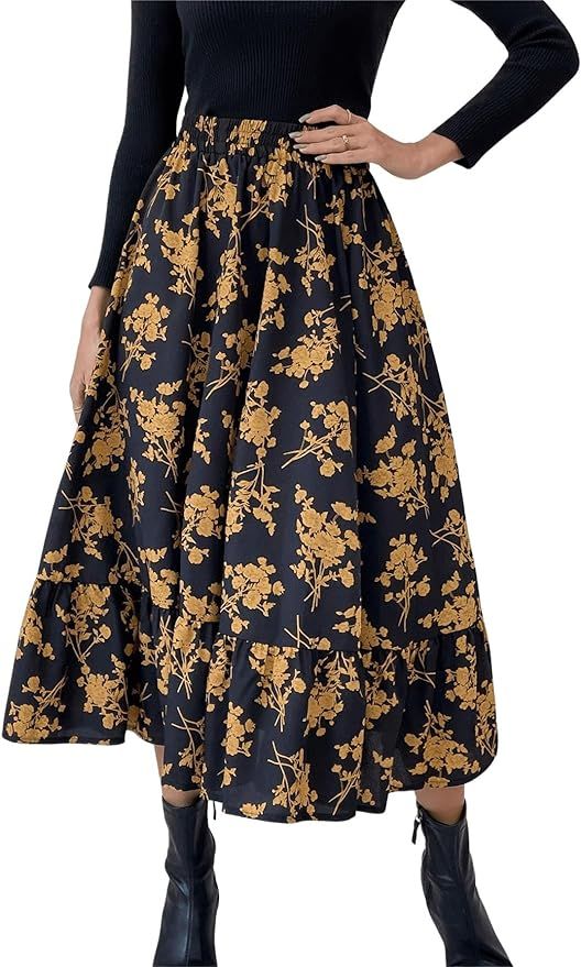 Milumia Women's Floral Print Ruffle Hem A Line High Waist Flare Flowy Midi Skirts | Amazon (US)