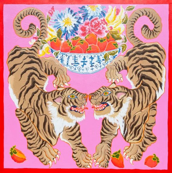 ART PRINT-Tigers on Pink with Persimmons | Etsy (US)